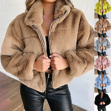 Women’s Plush Faux Fur Zip Cardigan Jacket  Stylishoe